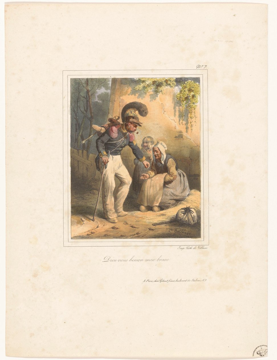 Asker fakir bir kadına biraz para verir. Dieu vous benira mon cesur (nesnedeki başlık) 9 numaralı litografik albüm (seri adı) by Hippolyte Bellange