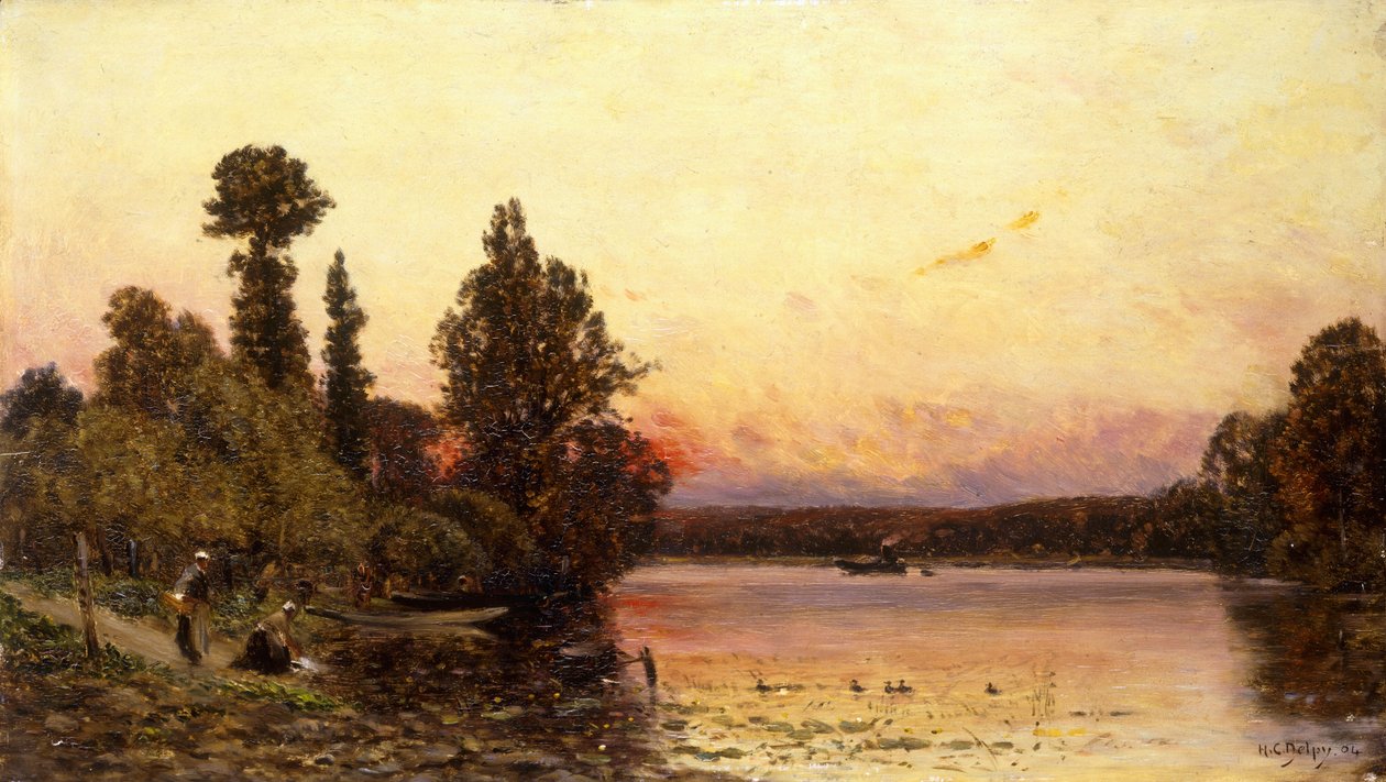Gün Batımı, Nehrin Kıyısında, 1904 by Hippolyte Camille Delpy