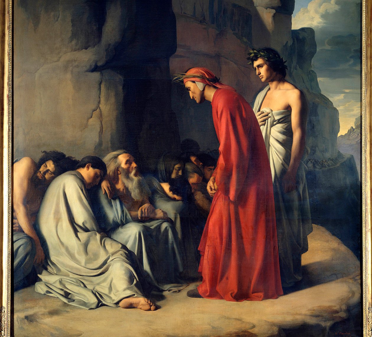 Dante ve Virgil Cehenneme ya da virgile liderliğindeki dante kıskanç ruhlara teselli sunar İlahi Komedya Cehennemi (Divina Komedya) Dante Azlighieri (1265-1321) tarafından Resim Hippolithe Flandrin (1809-1864) 19. yüzyıl Dim . 2 by Hippolyte Flandrin