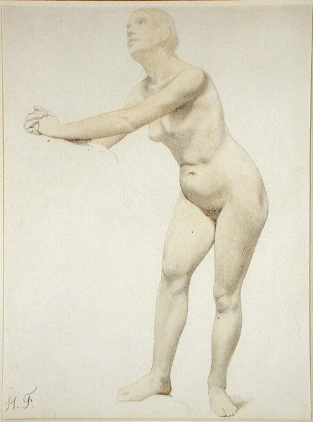 Nude (kağıt üzerine kalem ve sulu boya) by Hippolyte Flandrin