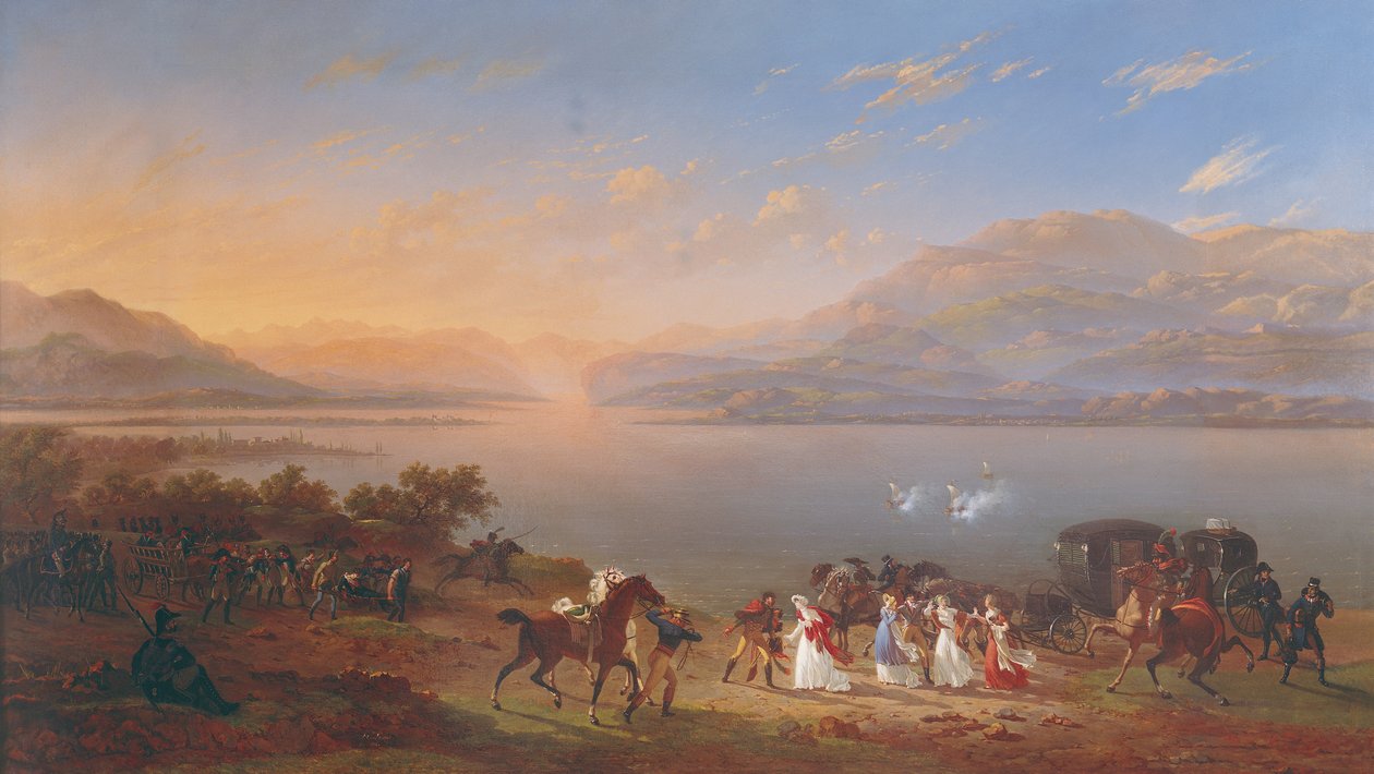 İmparatoriçe Josephine (1763-1814), İtalya'da Garda Gölü kıyısında Napolyon'u (1769-1821) ziyarete geliyor by Hippolyte Lecomte