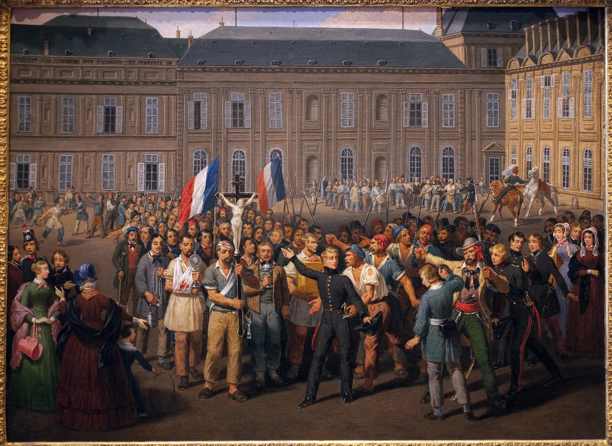 24 Şubat gecesi Tuileries şapelinden kurtarılan haçı taşıyan politeknikçiler by Hippolyte Lecomte