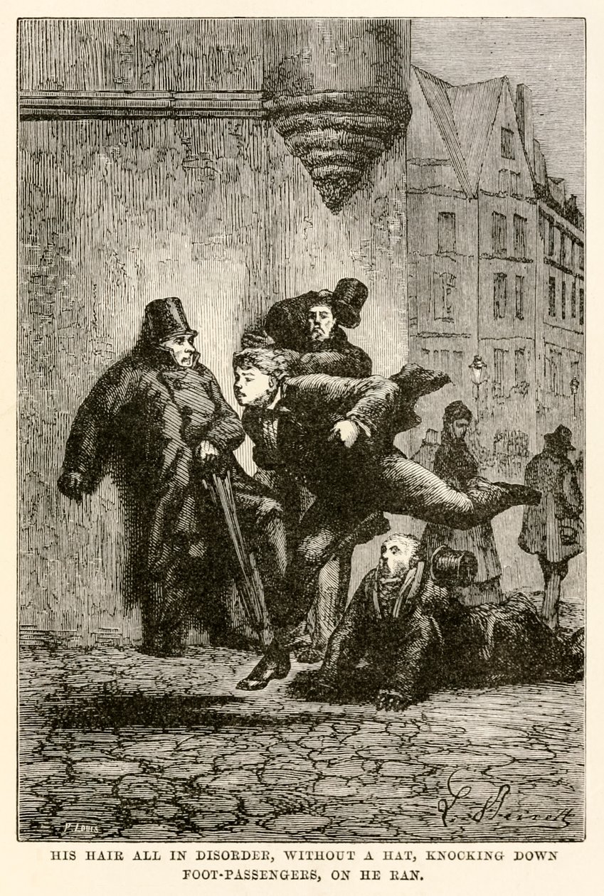 Saçları dağınık, şapkasız, koşarken yolcuları yere seriyor, Jules Verne'in (1828-1905) Louis tarafından kazınmış 'Seksen Günde Devri Alem'den. by Hippolyte Leon (after) Benett