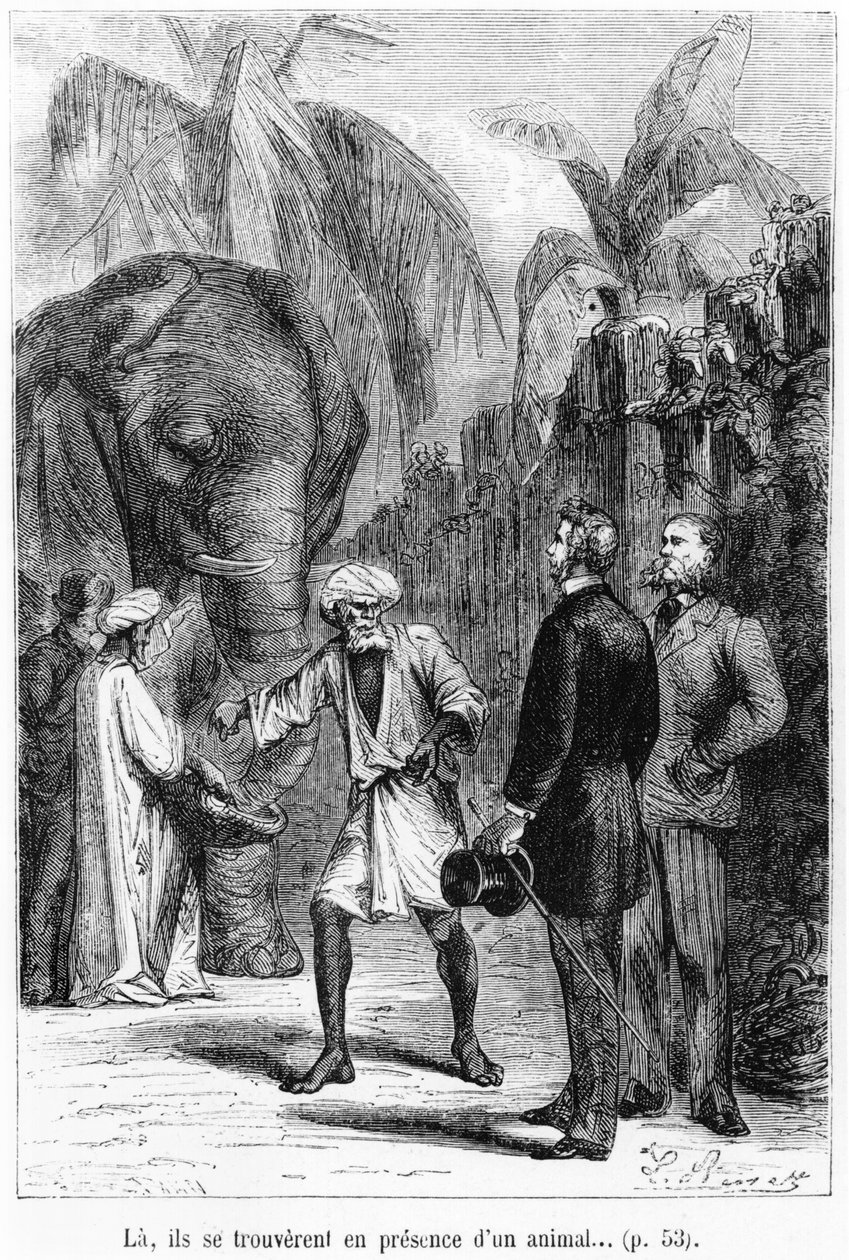 Phileas Fogg bir filin önünde, 19. yüzyılın sonlarında Jules Verne (1828-1905) tarafından 