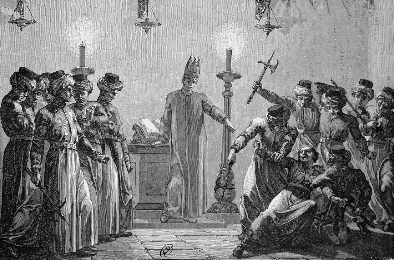 Mormon muhaliflerinin iddialarına göre, Danitler tarafından işlenen ritüel cinayet, David tarafından çizildi ve A. Gusmand tarafından kazındı. by Hippolyte Leon Benett