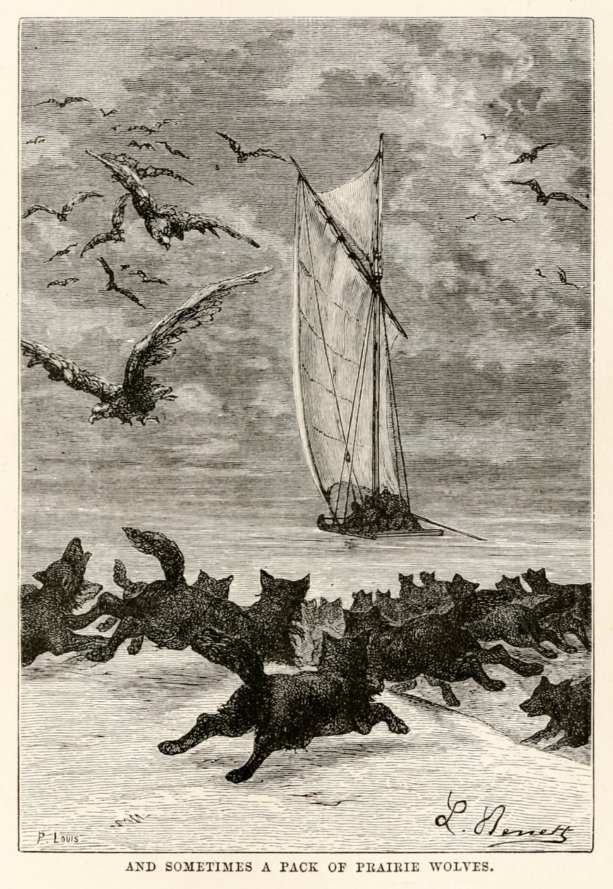 Ve bazen, Jules Verne (1828-1905) tarafından Seksen Günde Devri Alem'den Louis tarafından 1873'te kazınmış bir çayır kurdu sürüsü by Hippolyte Leon after Benett