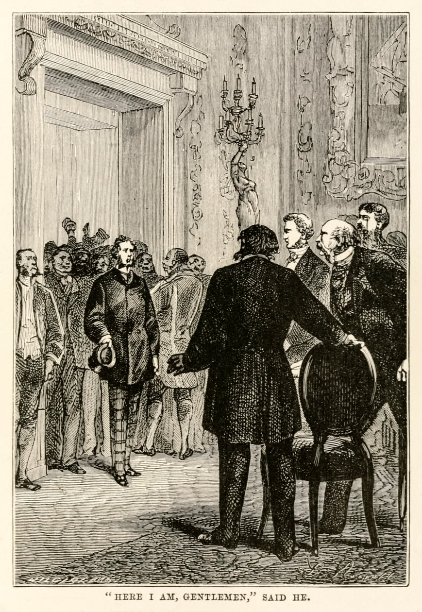 İşte buradayım beyler, dedi, Jules Verne (1828-1905) tarafından yazılan Seksen Günde Devri Alemden, Henri-Théophile Hildebrand (1824-97), 1873 tarafından oyulmuş. by Hippolyte Leon after Benett
