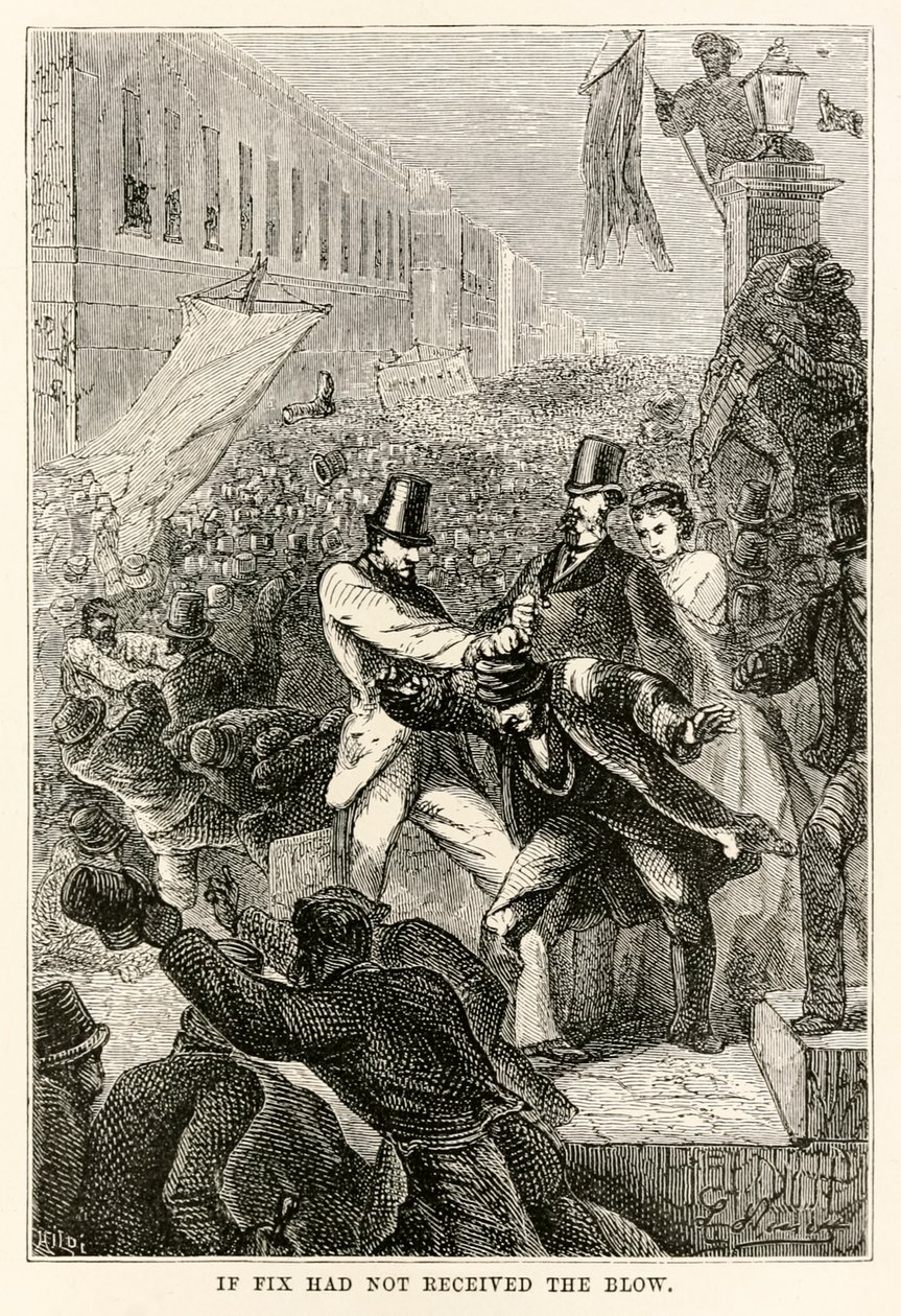 Eğer Fix darbeyi almasaydı, Jules Verne (1828-1905) tarafından yazılan Seksen Günde Devri Alemden Henri-Théophile Hildebrand (1824-97), 1873 by Hippolyte Leon after Benett