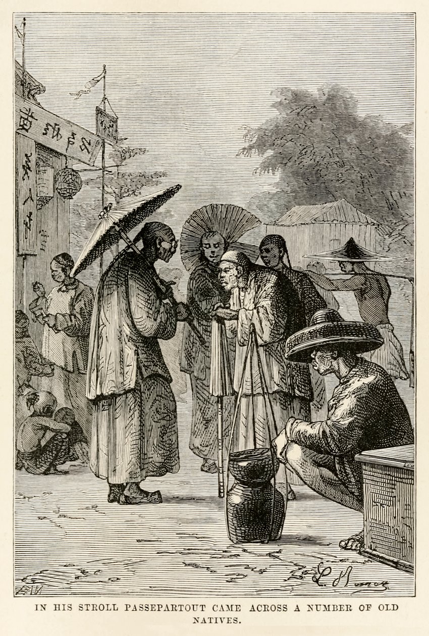 Gezintisi sırasında Passepartout, Jules Verne (1828-1905), Adolphe François Pannemaker (1822-1900), 1873 tarafından oyulmuş Seksen Günde Devri Alem