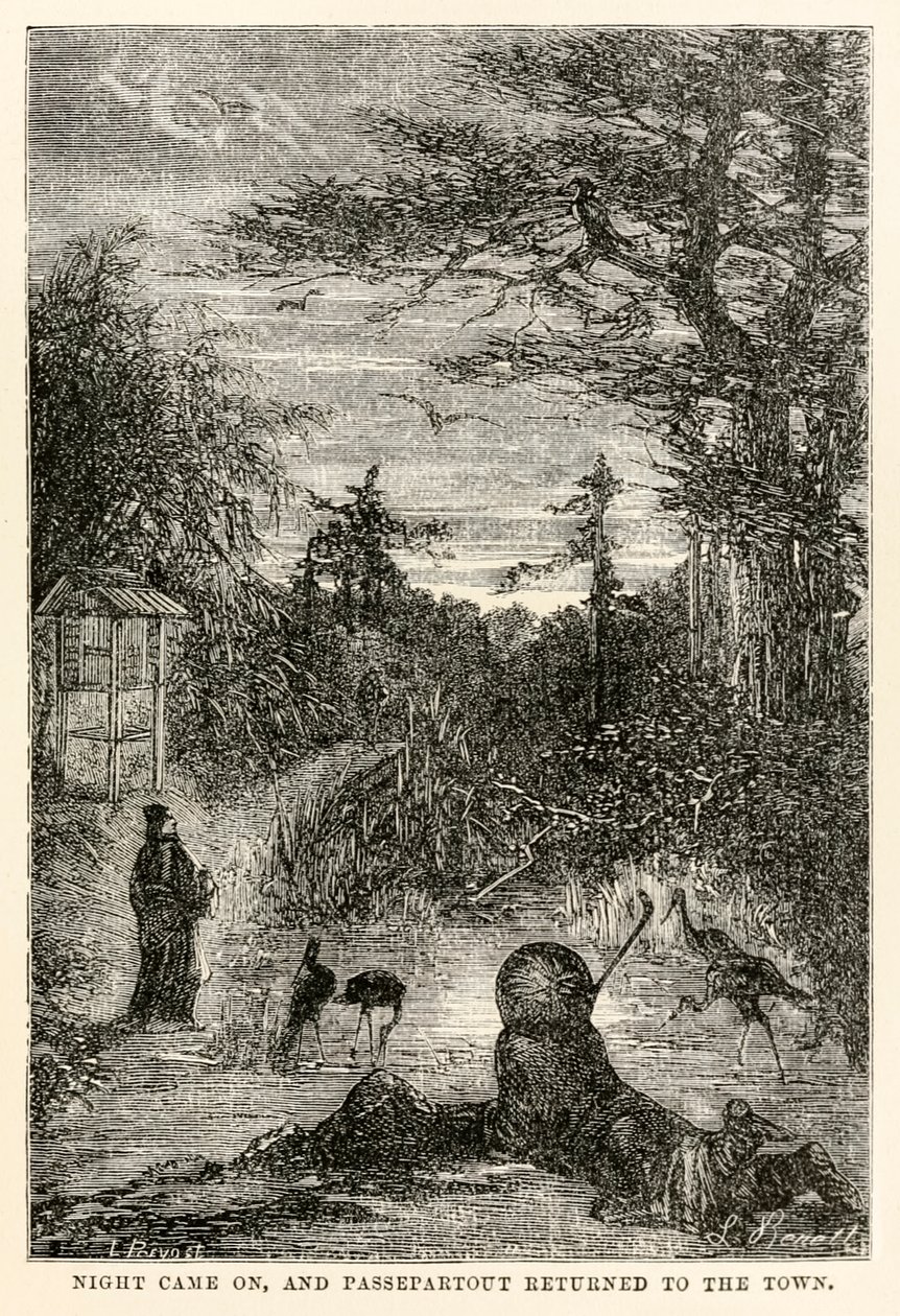 Gece oldu ve Passepartout şehre döndü, Jules Verne (1828-1905) tarafından Seksen Günde Devri Alemden, Louis Prevost tarafından 1873 oyulmuş by Hippolyte Leon after Benett