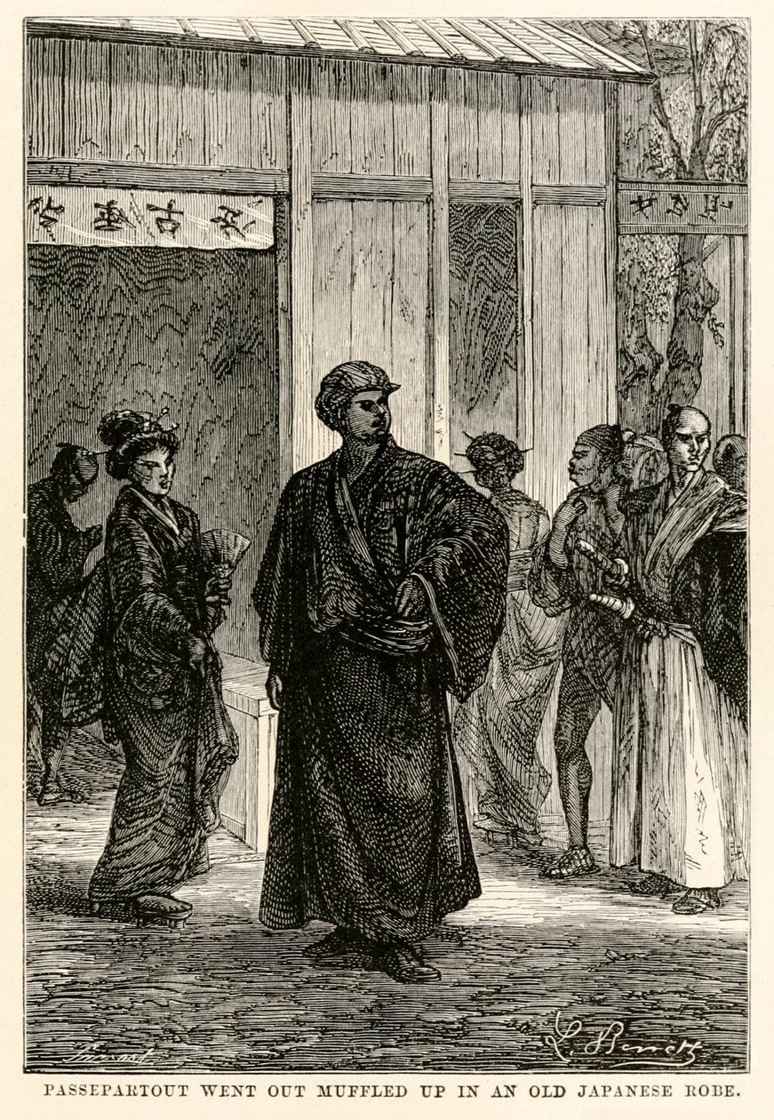 Passepartout eski bir Japon cübbesi içinde boğuk çıktı, Jules Verne (1828-1905) tarafından Seksen Günde Devri Alem