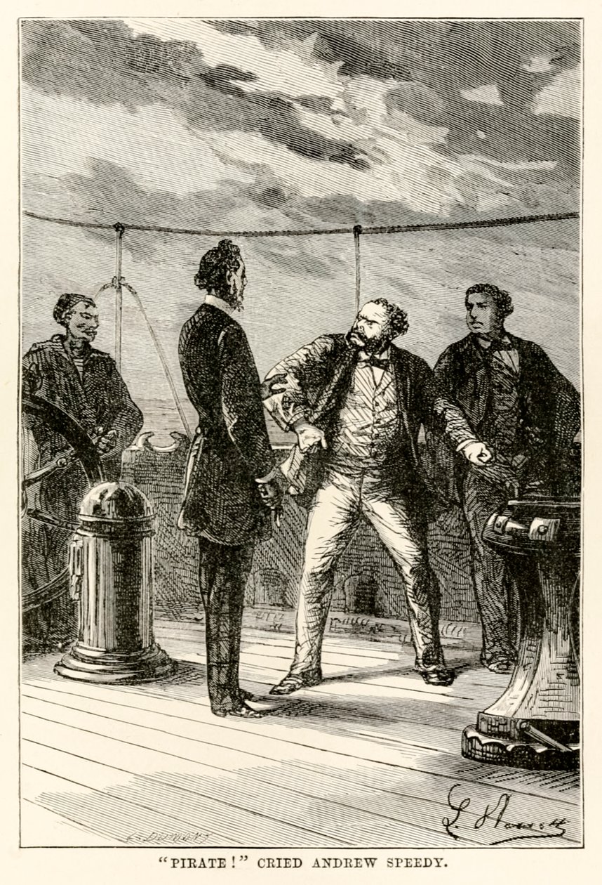 Korsan! ağladı Andrew Speedy., Louis Dumont (d.1822) 1873 tarafından oyulmuş Jules Verne (1828-1905) tarafından Seksen Günde Devri Alemden by Hippolyte Leon after Benett
