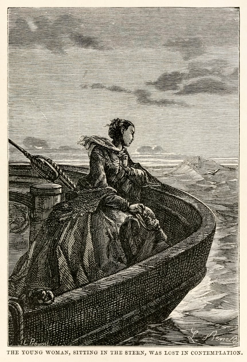 Kıçta oturan genç kadın, Jules Verne (1828-1905), Jean Louis Prevost (1790-1850), 1873 tarafından oyulmuş Seksen Günde Devri Alem