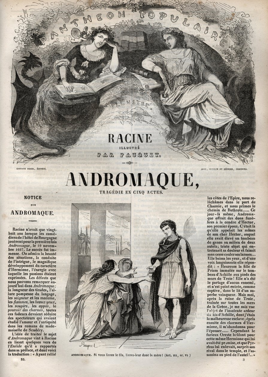 Beş perdelik Andromaque trajedisi - Pauquet tarafından gösterilen “” Oeuvres de Jean Racine” deki gravür ve Emile de La Bedolliere tarafından duyuru - 1851 by Hippolyte Louis Pauquet