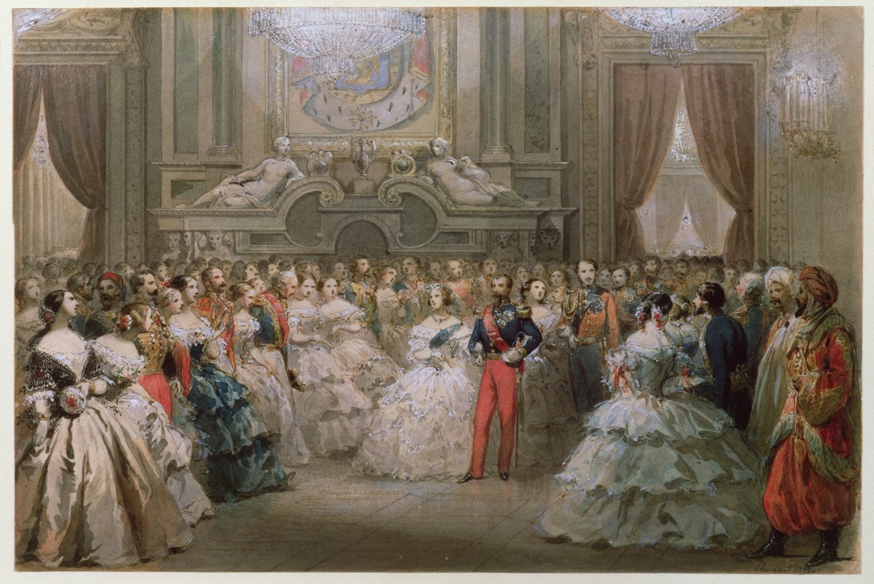 Kraliçe Victoria (1819-1901) ve Prens Albert (1819-61), III. Napolyon ve Eugenie tarafından verilen bir gala yemeğinde, 1853 (kağıt üzerinde wc) by Hippolyte Louis Pauquet