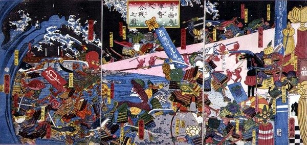 Sebze ve balık savaşını betimleyen bir Savaş Sahnesi Parodisi by Hirokage Utagawa