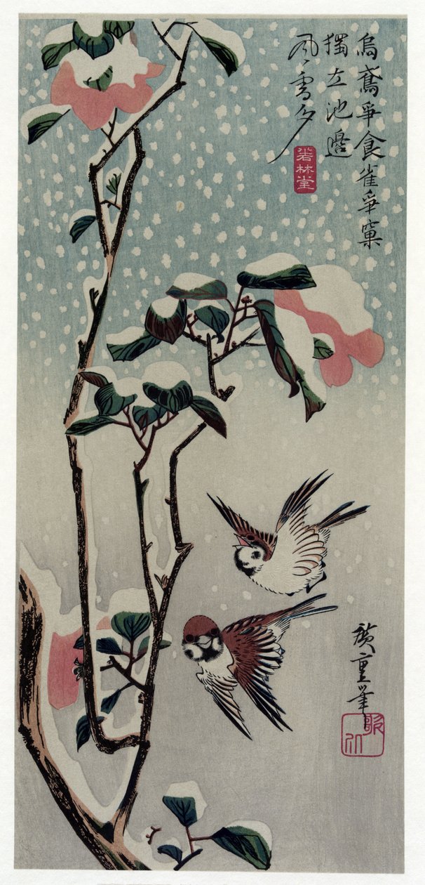 Secchu Tsubaki ni Suzume (Karda Serçeler ve Kamelyalar) by Utagawa Hiroshige