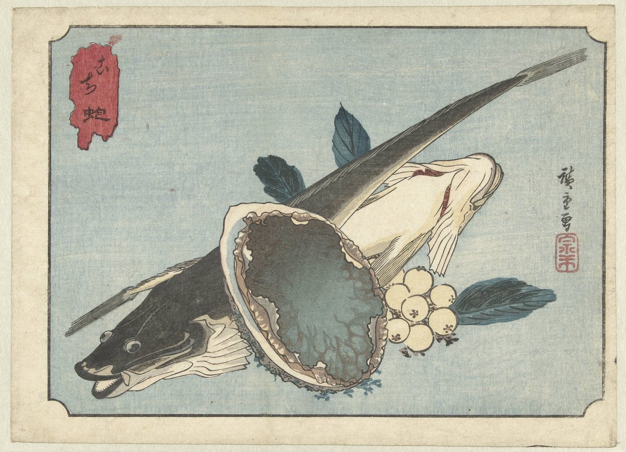 Yassı balık, abalone ve çilek Kochi awabi (nesnedeki başlık) by Hiroshige (I) , Utagawa