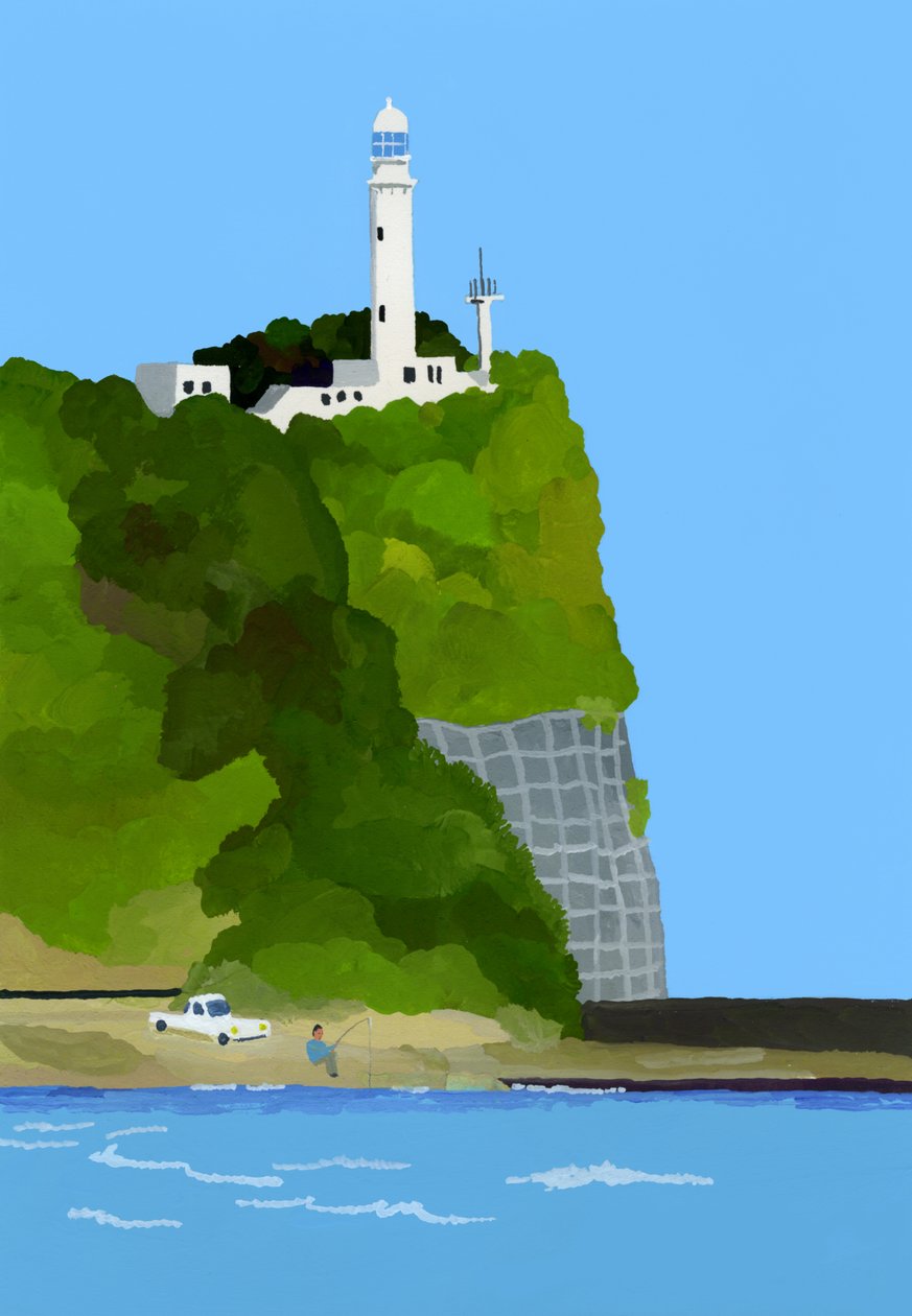 Deniz feneri, araba ve balık tutma by Hiroyuki Izutsu