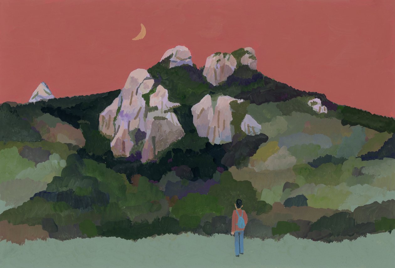 Dağlarda seyahat eden sırt çantası olan adam, 2015 (kağıt üzerinde guaj) by Hiroyuki Izutsu