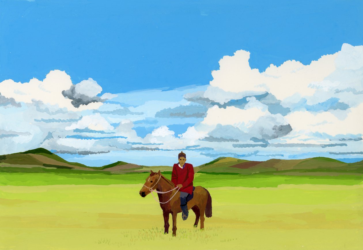 Moğol bozkırları ve ata binen insanlar, 2015 (Kağıt üzerine guaj boya) by Hiroyuki Izutsu