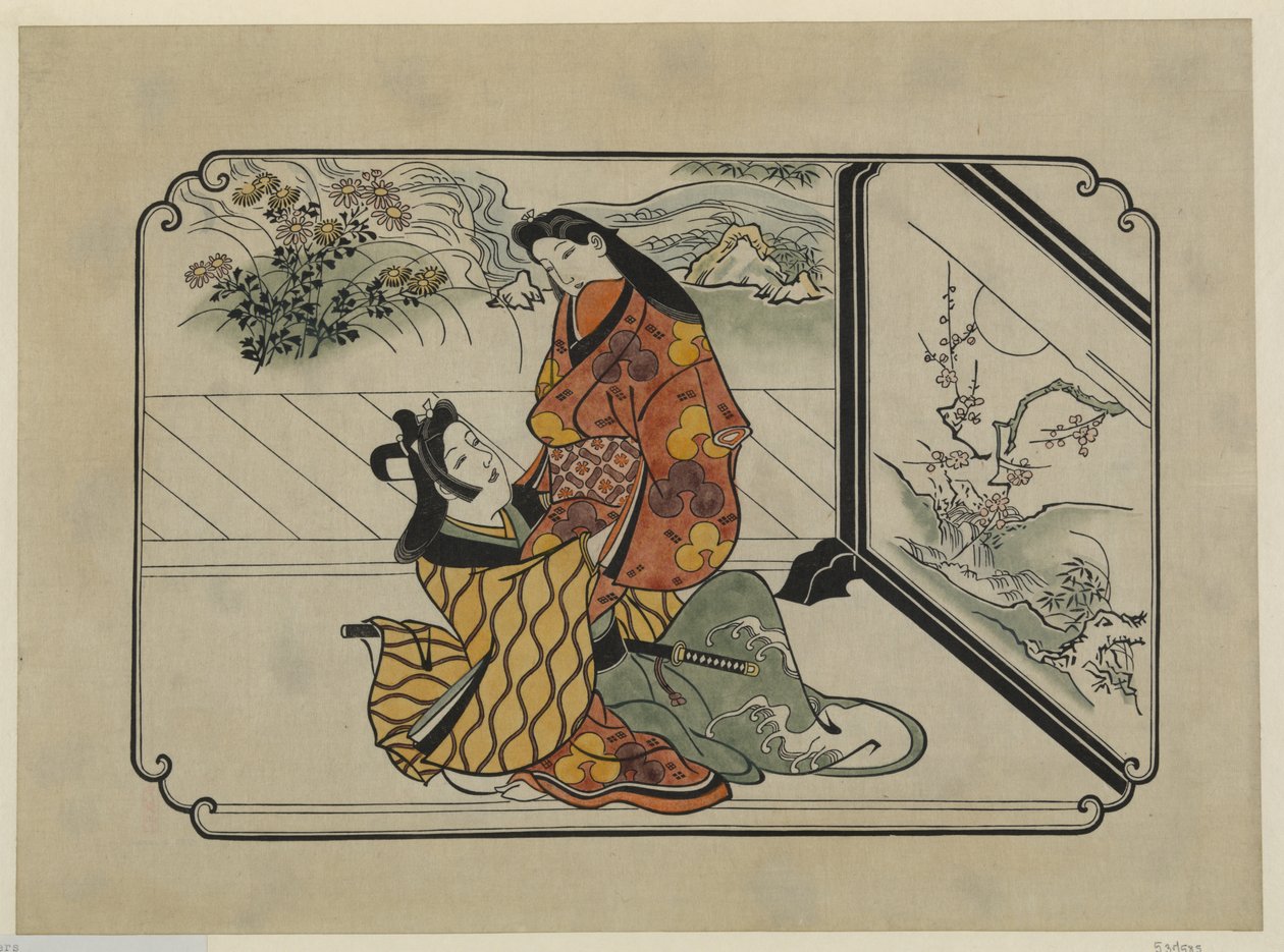El boyaması ukiyo-e baskı Boyalı bir ekranın önünde kucaklaşan iki sevgili by Hishikawa Moronobu