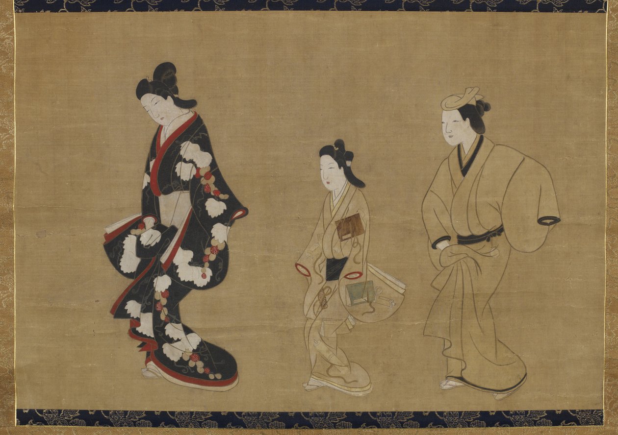 Fahişe, Kamuro ve Wakashu, c.1695 (ipek üzerine mürekkep ve renk) by Moronobu Hishikawa