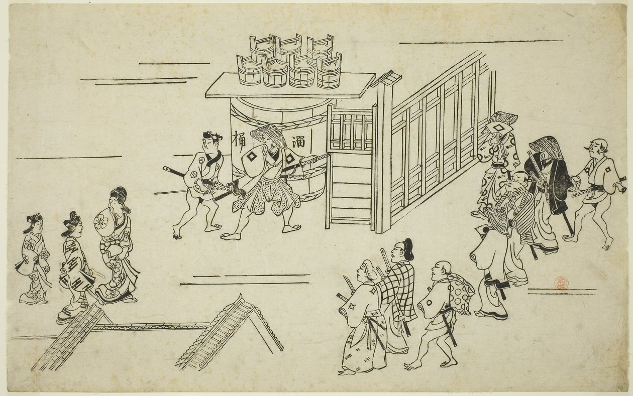 "Yoshiwara'nın Görünüşü (Yoshiwara no tei)" serisinden Ageyacho'ya giriş, c.1681-84 (tahta baskı; sumizuri-e, oban) by Hishikawa Moronobu