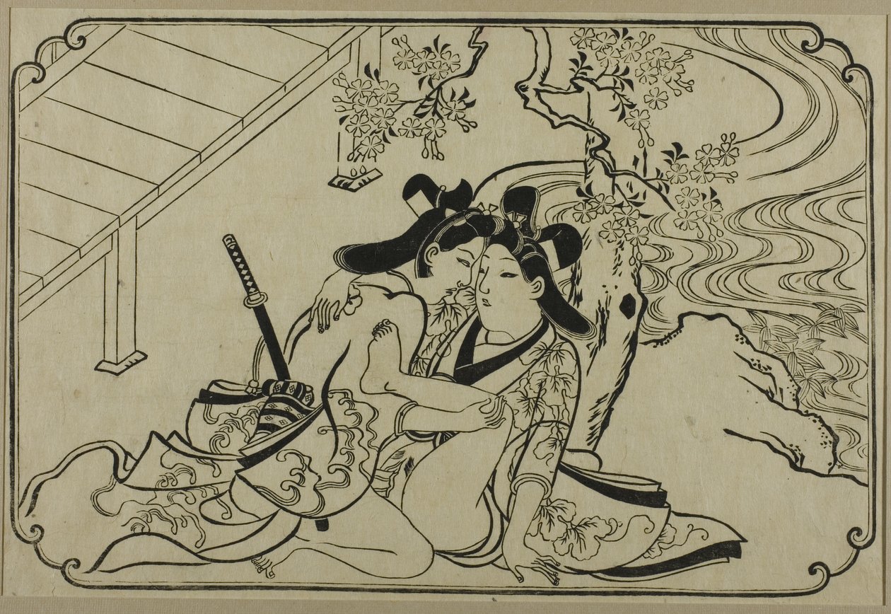 Adsız Erotik Baskılar Dizisinden Bahçedeki Aşıklar by Hishikawa Moronobu