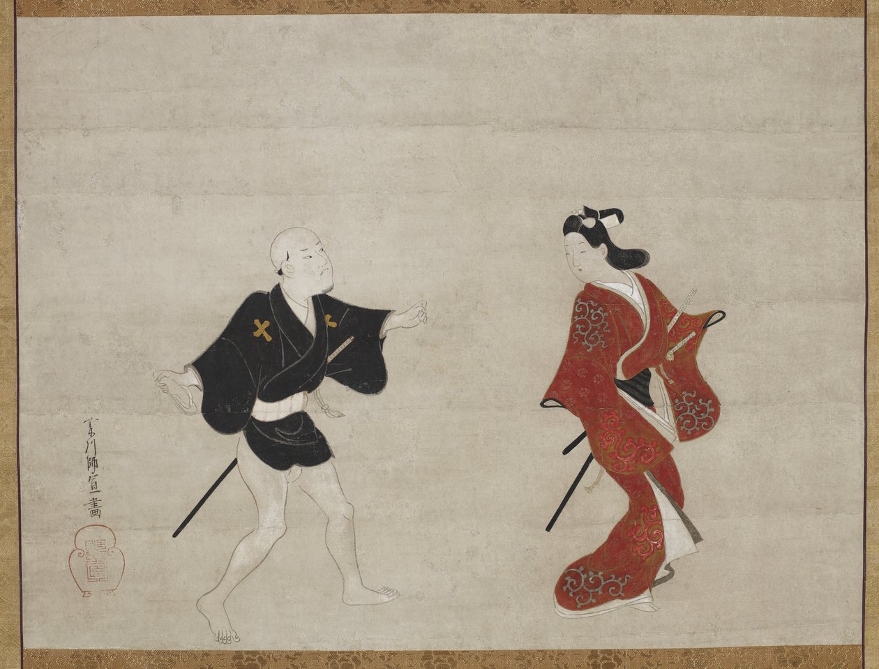 Nikuhitsu ukiyo-e: Huanshigong Mitate ve Zhang Lian olarak Genç Samuray ve Uşak, c. 1690 by Hishikawa Moronobu