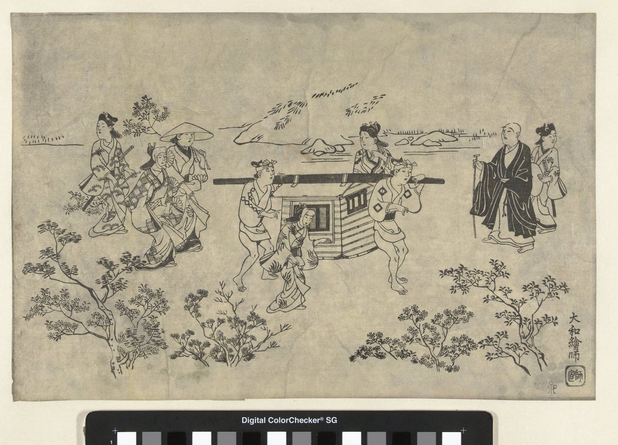 Seyahat eden şirket Ueno'nun görünümü (kopya) by Hishikawa Moronobu