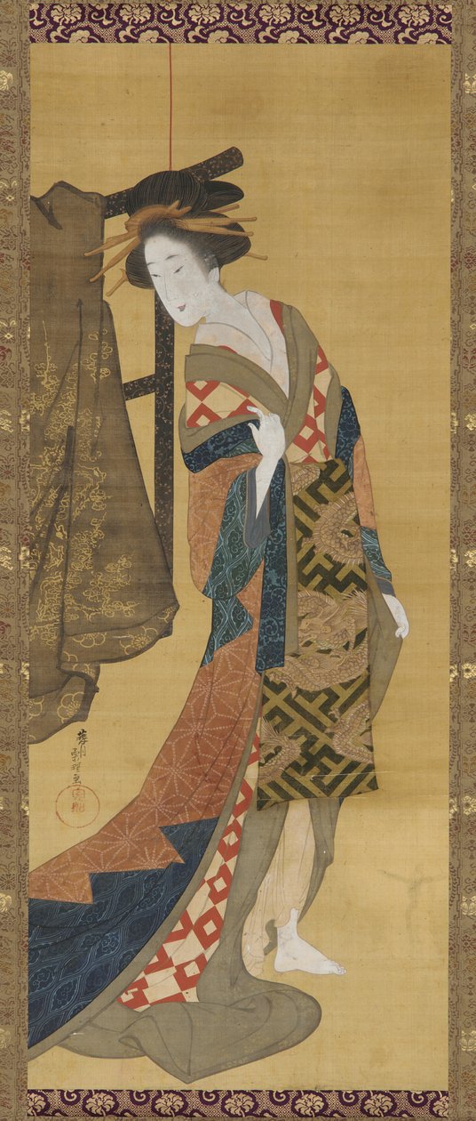 Bir elbise askısının yanında duran bir fahişe, Edo dönemi, 19. yüzyılın başlarında. by Hishikawa Sori