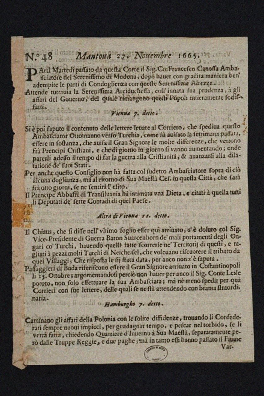 Gazzetta di Mantova - en eski İtalyan gazetesi, 1665 by Historic Object