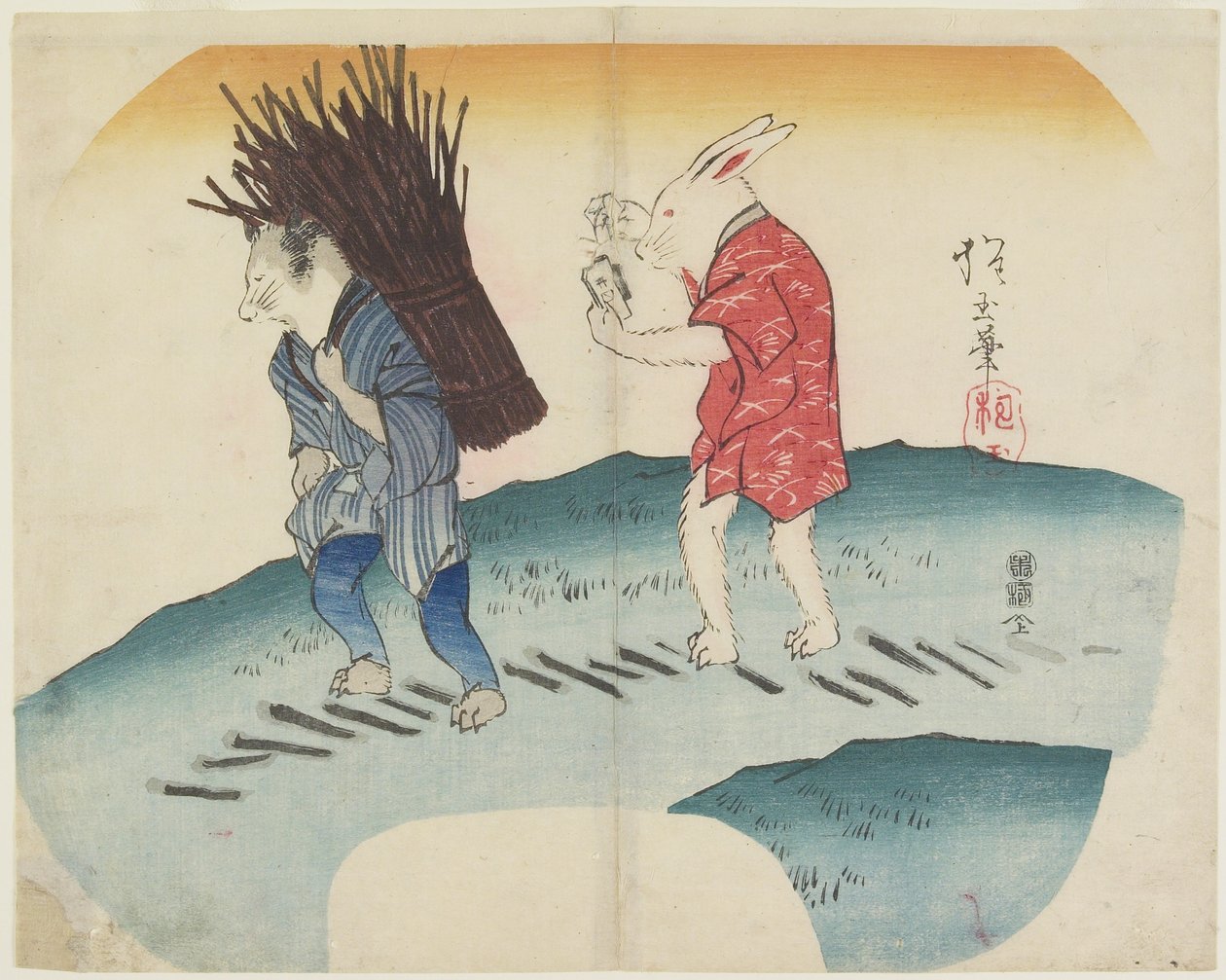 (Rakun Tarafından Taşınan Odun Üzerinde Ateş Yakan Tavşan), 1835 by Hogyoku
