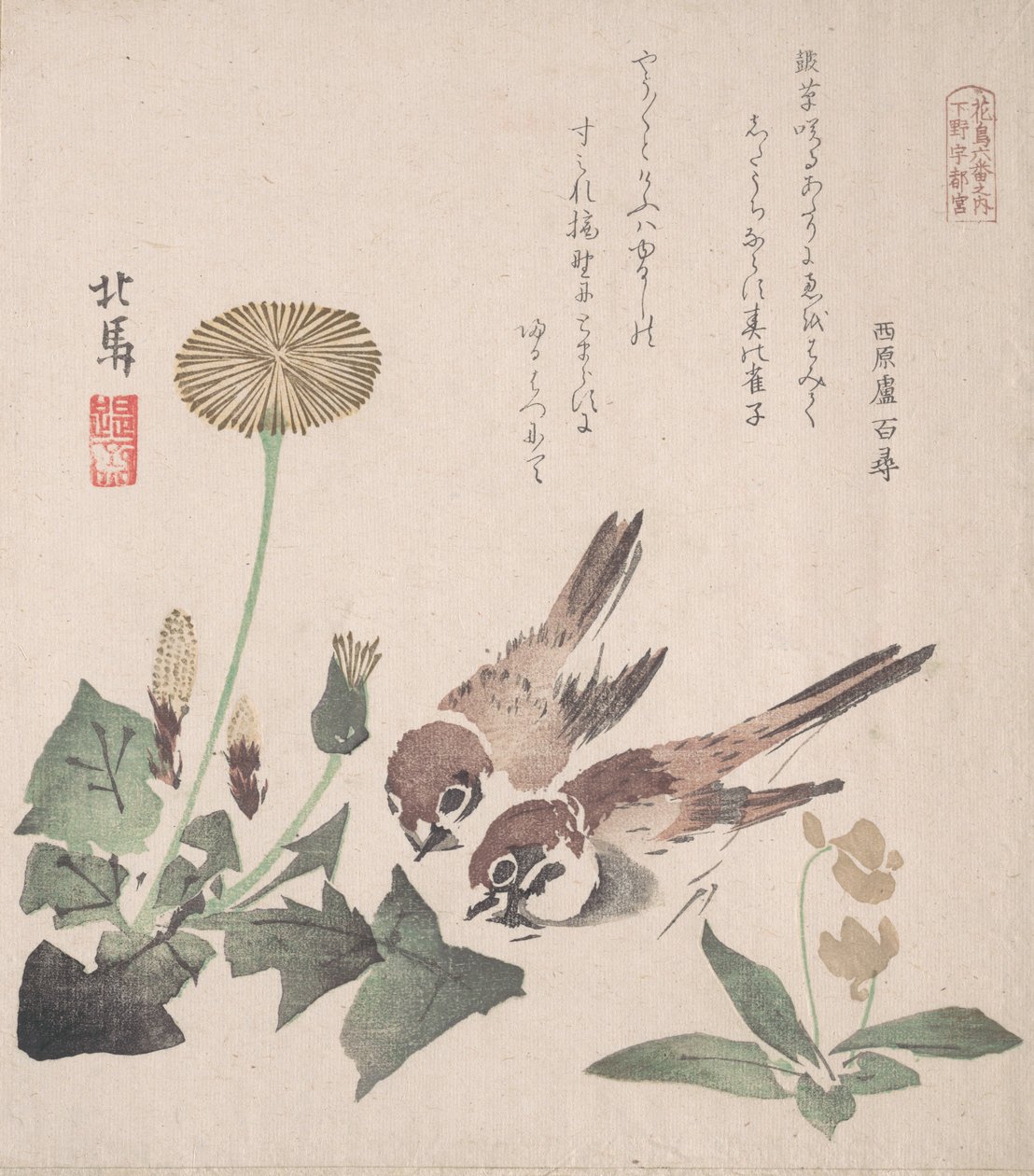 Spring Rain Koleksiyonu Harusame shu, vol. 3: Serçeler ve Karahindibalar, ca. 1820., yaklaşık 1820. by Hokuba