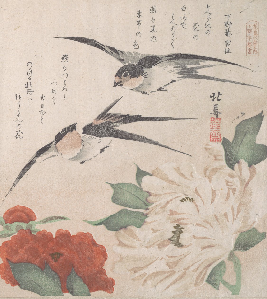 Spring Rain Koleksiyonu Harusame shu, vol. 3: Kırlangıçlar ve Şakayıklar, ca. 1820., yaklaşık 1820. by Hokuba