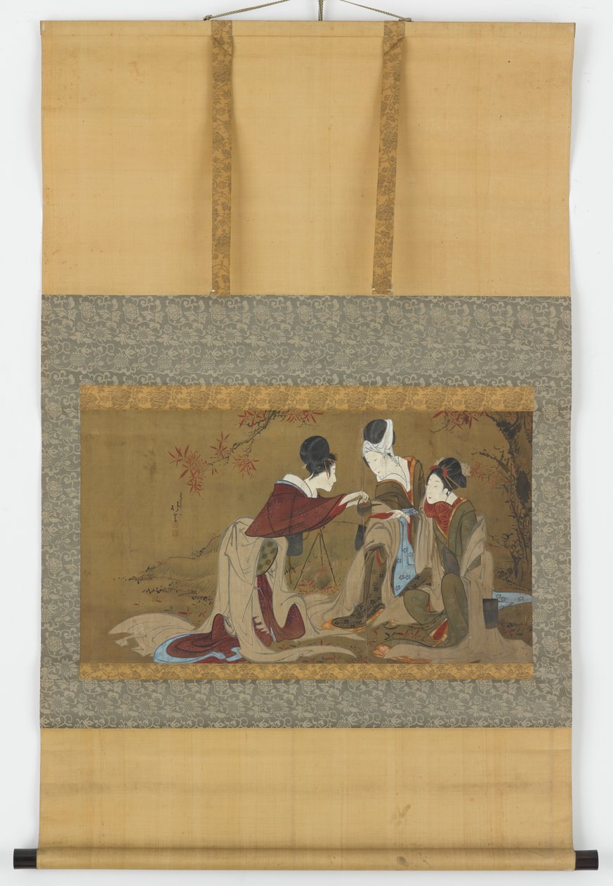 Üç shirabyoshi içen sake, sonbahar yapraklarının ateşinde ısıtılır, Edo dönemi, 1800-1850. by Hokuga