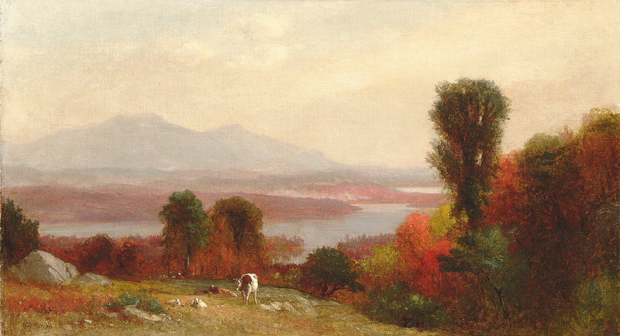 Bir Sonbahar Nehir Manzarasında Otlayan İnekler ve Koyunlar by Homer Dodge Martin