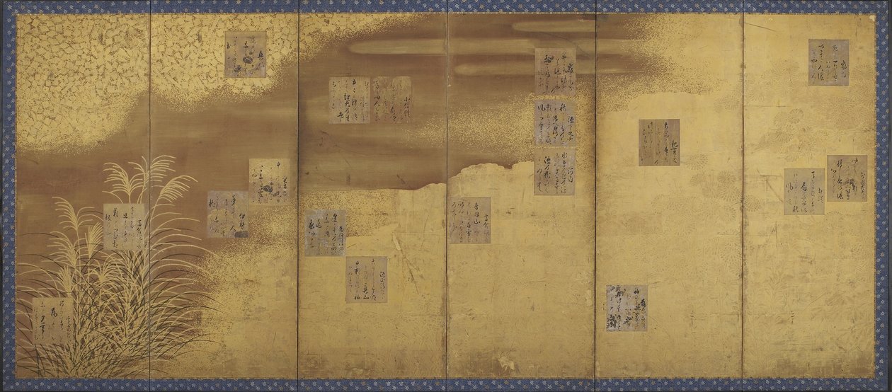 Çiçekler, çimenler, bir bambu kör ve 18 süslü ve yazılı şiir kağıdı, Edo dönemi (kağıt üzerine altın ve hafif renkli) by Hon