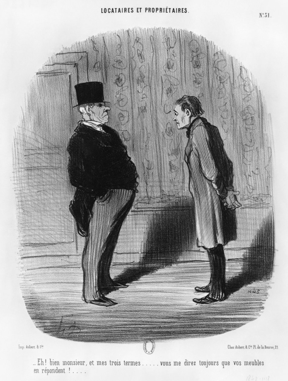 "Eh, efendim, peki ya benim üç terimim", "Kiracılar ve mal sahipleri" serisinden 31 numaralı plaka, 1848 by Honoré Daumier