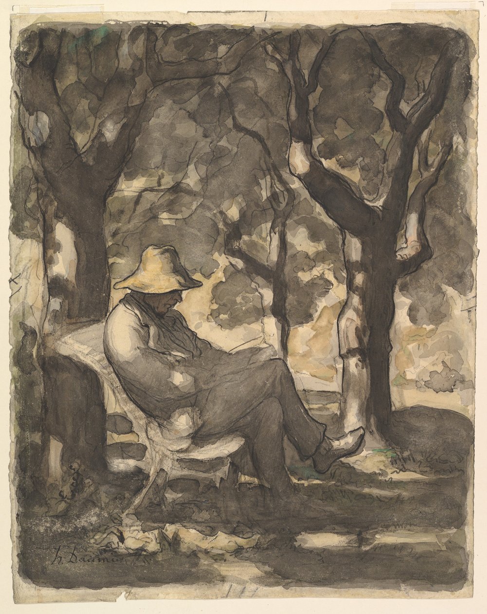 Bahçede Okuyan Bir Adam recto, Bahçede Okuyan Bir Adam için ön taslak v..., yakl. 1865. by Honoré Daumier