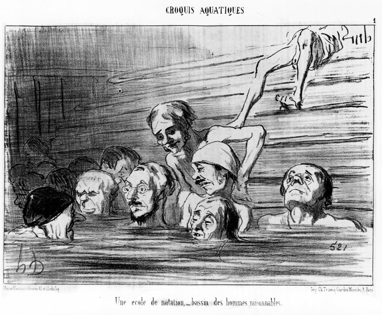 Bir yüzme okulu, makul erkeklerden oluşan bir havuz: Honore Daumier