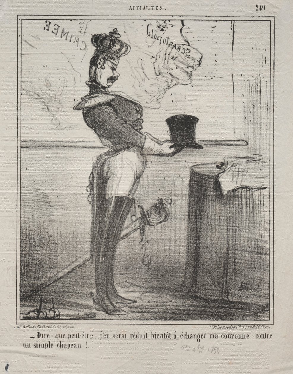 Gerçekler No. 249: Yakında tacımı değiştirmeye mahkûm olacağımı söylüyorlar..., 1855. by Honoré Daumier