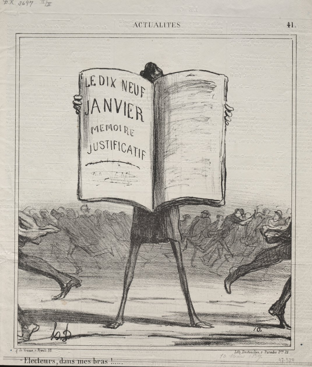 Gerçekler No. 41: Kollarımda seçmenler!..., 1869. by Honoré Daumier