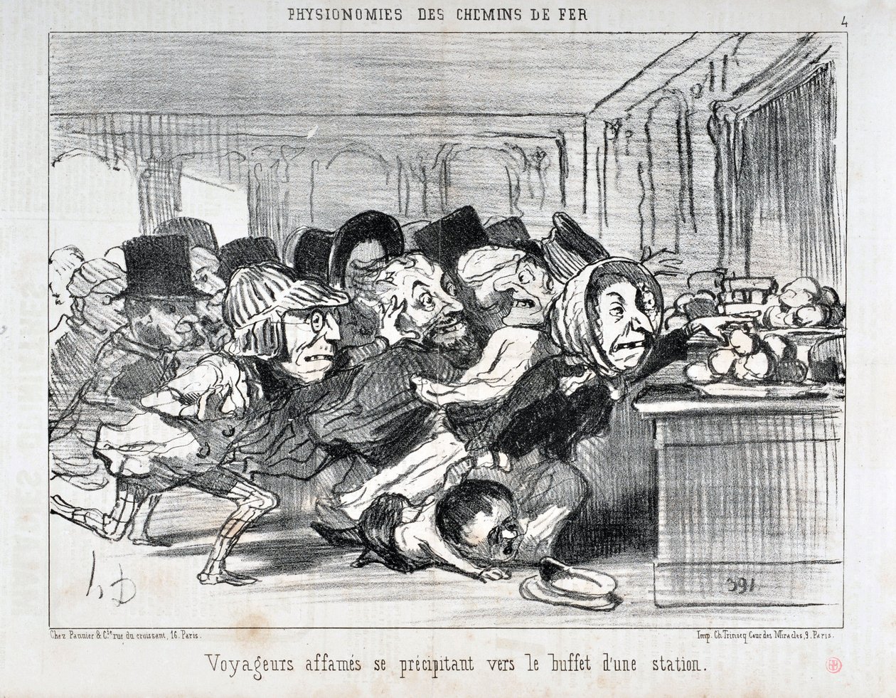 Honore Daumier (1808-1879) tarafından yapılan sanat eseri 1852 tarihli Charivari: PHYONOMIES DES CHAIN ​​​​DE FERR Serisi Bir istasyonun büfesine koşan aç gezginler MUSEE DES BEAUX ARTS - PALAIS LONGCHAMP, MARSELLE by Honoré Daumier