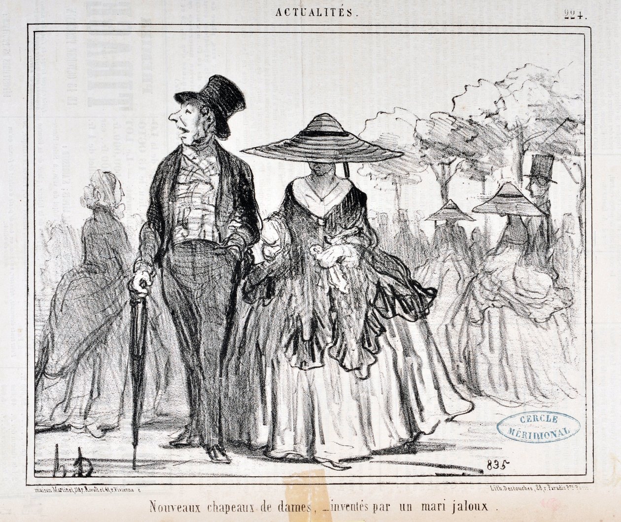 Honore Daumier (1808-1879) tarafından yapılan sanat eseri 1855 tarihli Charivari: Serie Actualites “” Kıskanç bir koca tarafından icat edilen yeni bayan şapkaları ”” MUSEE DES BEAUX ARTS - PALAIS LONGCHAMP, MARSEILLE by Honoré Daumier