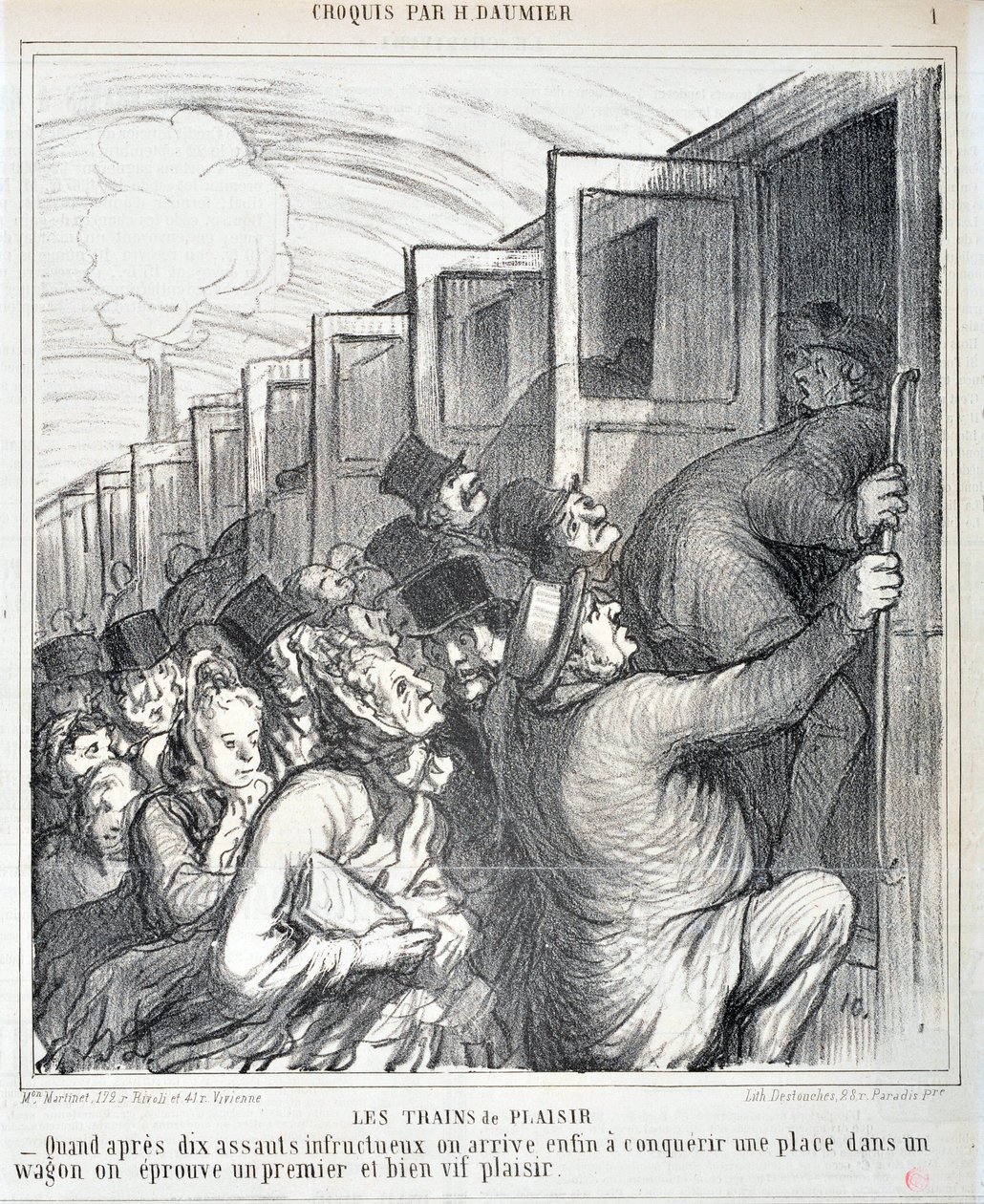 Honore Daumier'in (1808-1879) eseri. Charivari 1864'ten kalma: Serie Sketch Les trains de plaisir “” - On başarısız saldırıdan sonra nihayet bir vagonda bir yer fethettiğimizde ilk ve çok canlı bir zevk yaşıyoruz””” MUSEE DES BEAUX AR by Honoré Daumier