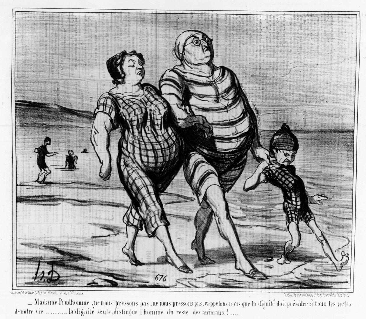Deniz banyolarında: Sahilde yürüyen Parisli aile - Daumier tarafından, “” Charivari””de by Honoré Daumier