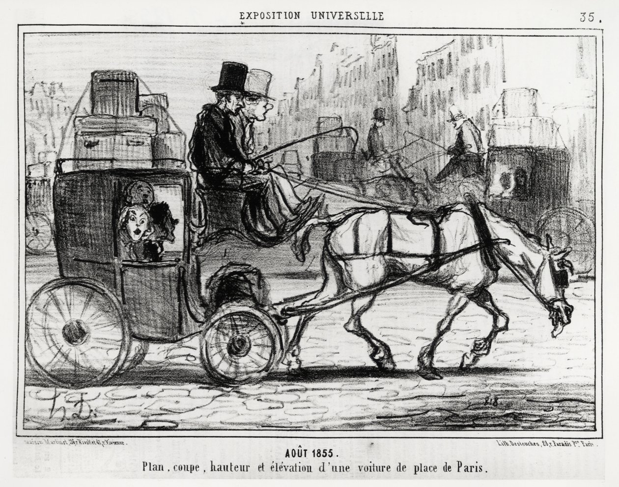 Ağustos 1855, evrensel sergi: bir Paris arabasının planı, kesimi, yüksekliği ve yüksekliği. 4 Eylül tarihli “” Charivari”” haberinde yayınlanan Honore Daumier (1808-1879) çizimi by Honoré Daumier