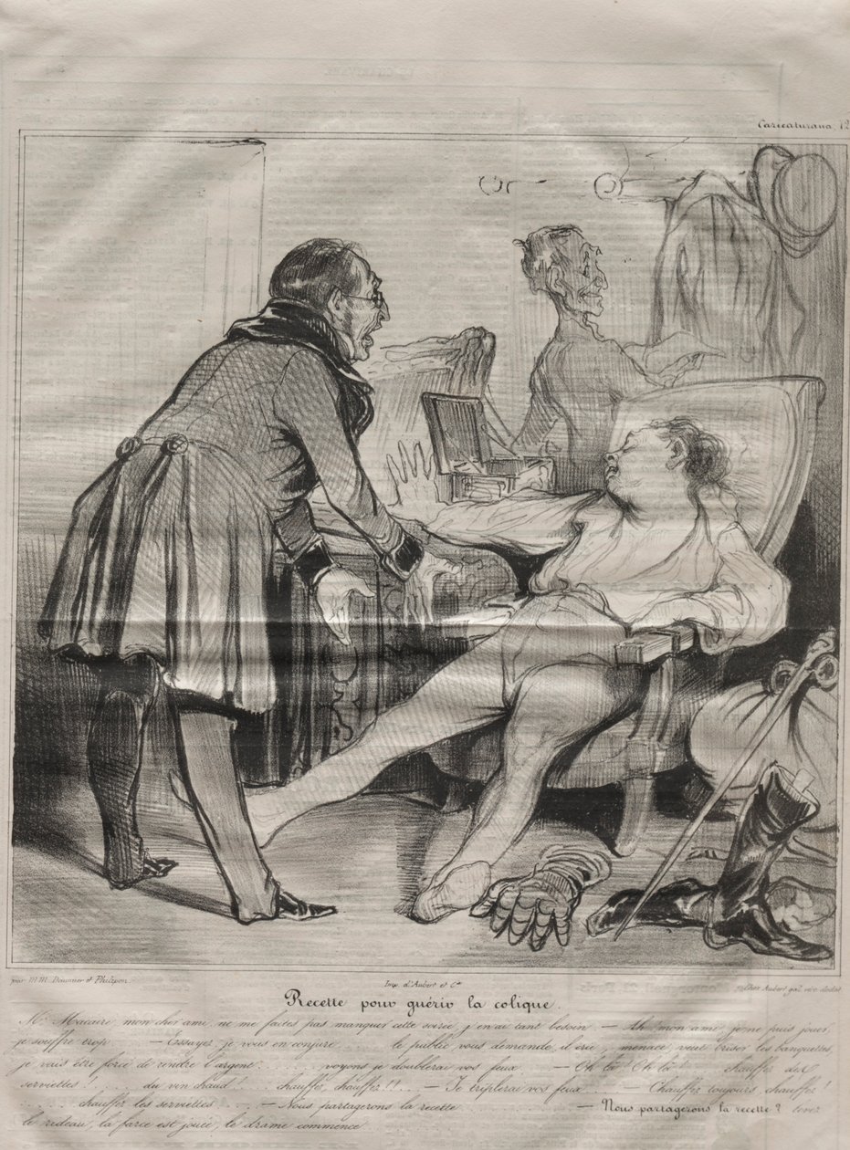Caricaturana, levha 72: Koliği Tedavi Etmek İçin Tarif, 14 Ocak 1838. by Honoré Daumier